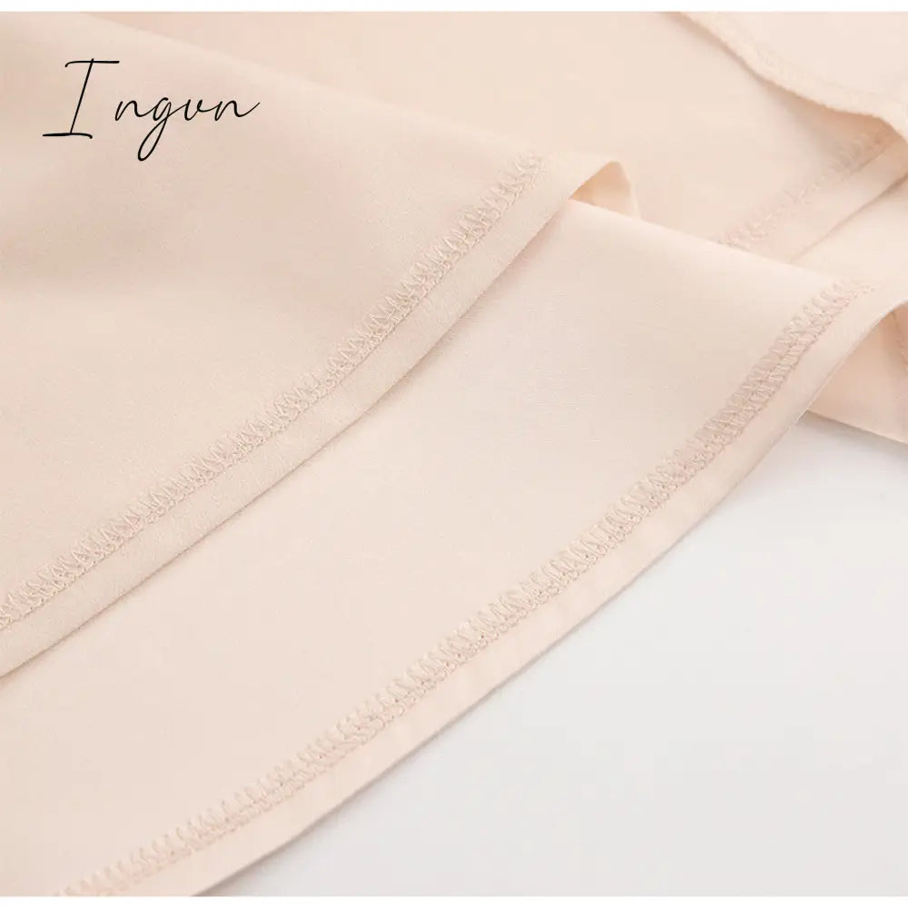Ingvn - Elegant spring satin bishop sleeve a-line dress women V-neck high waist button dress solid Vintage long dresses chic