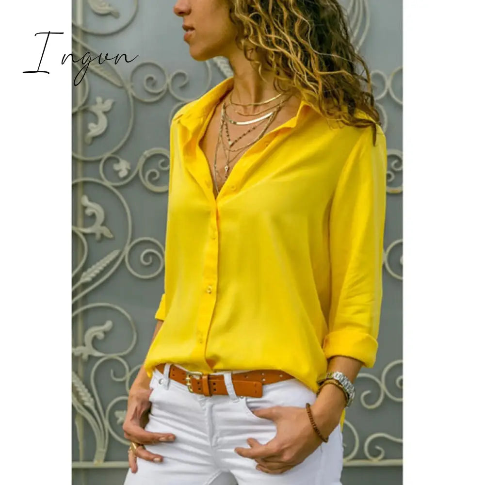 Ingvn - Elegant Long Sleeve Oversized Solid V-Neck Chiffon Blouse Summer Women Tops Female Office Shirts Casual Regular