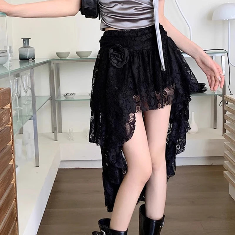 Vintage Appliques Skirt Hottie Streetwear Irregular Hem High Waist A Line Skirt Elegant White Ruffles Transparent Skirt