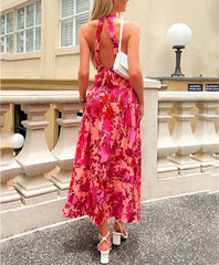 Sleevelss Halter Maxi Summer Dress for Women Sexy Backless Beach Pink Boho Robe Femme  Lace Up Sundress Floral Dress
