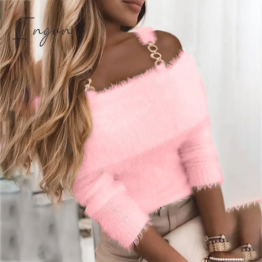 Ingvn - Elegant Off Shoulder Knitted Sweater Women Winter Slim Oversized Sweaters Pullovers Autumn Solid Color Jumper Pull Femme
