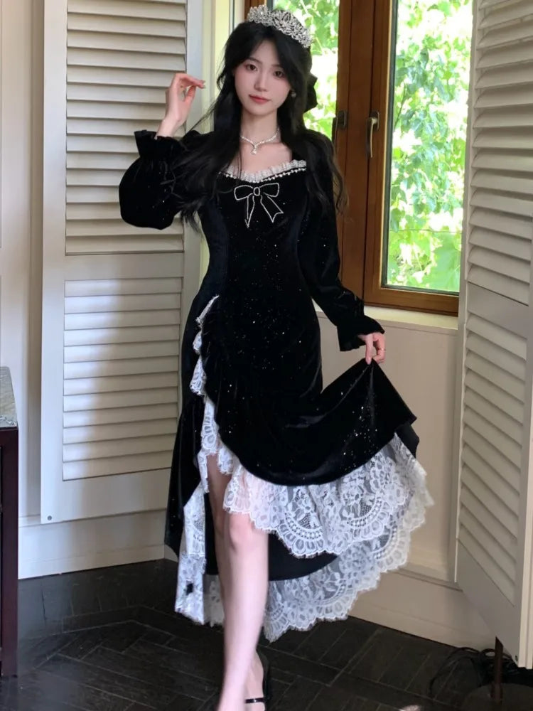 Vintage Mermaid Evening Dresses for Women Elegant Sequins Velvet Lace Patchwork Slit Party Dress Autumn Slim Fit Vestidos Mujer