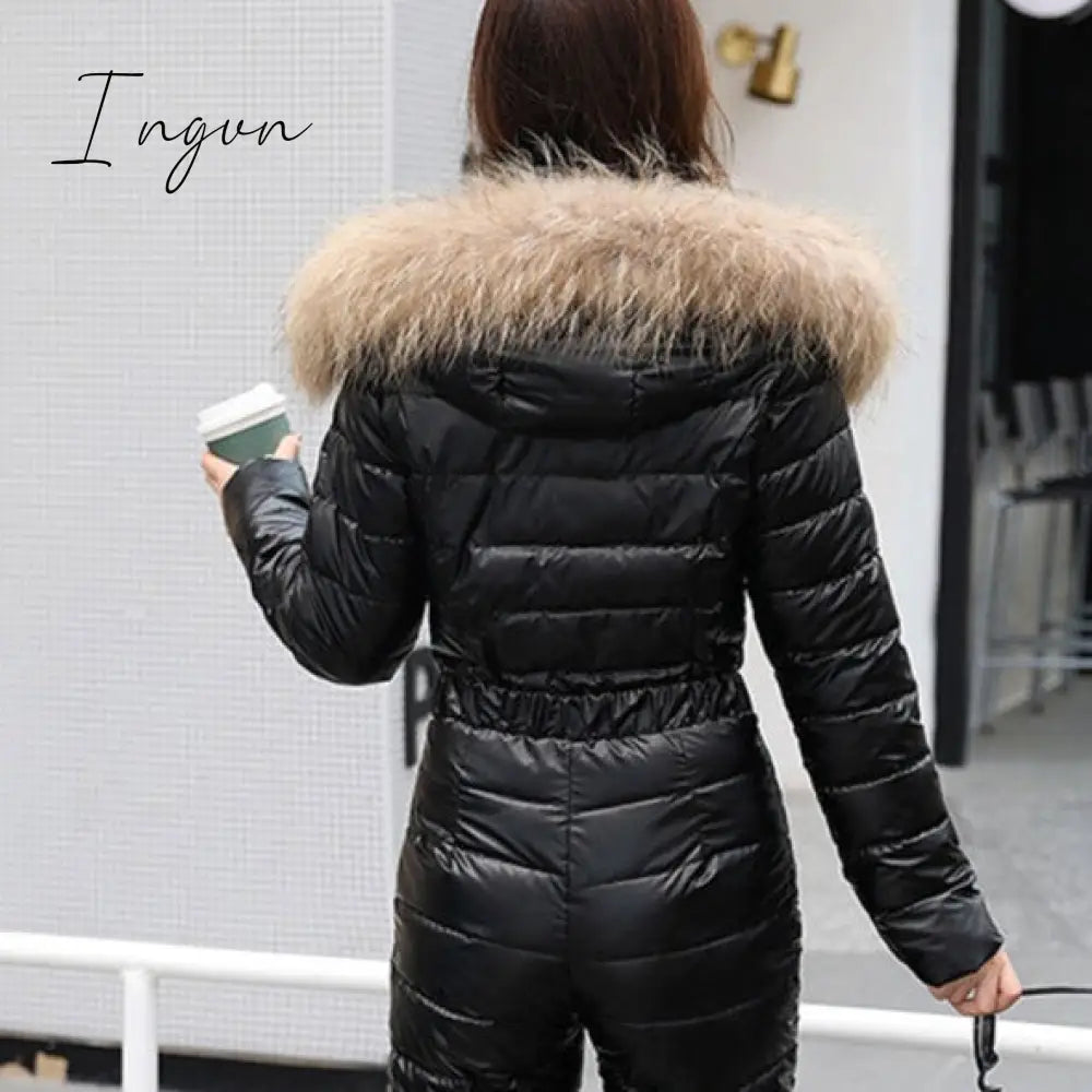 Ingvn - One Piece Ski Suit Women Jackets Winter Hooded Parka Jumpsuit Women Cotton bodysuit Sashes Jumpsuits Zipper Overalls Tracksuits