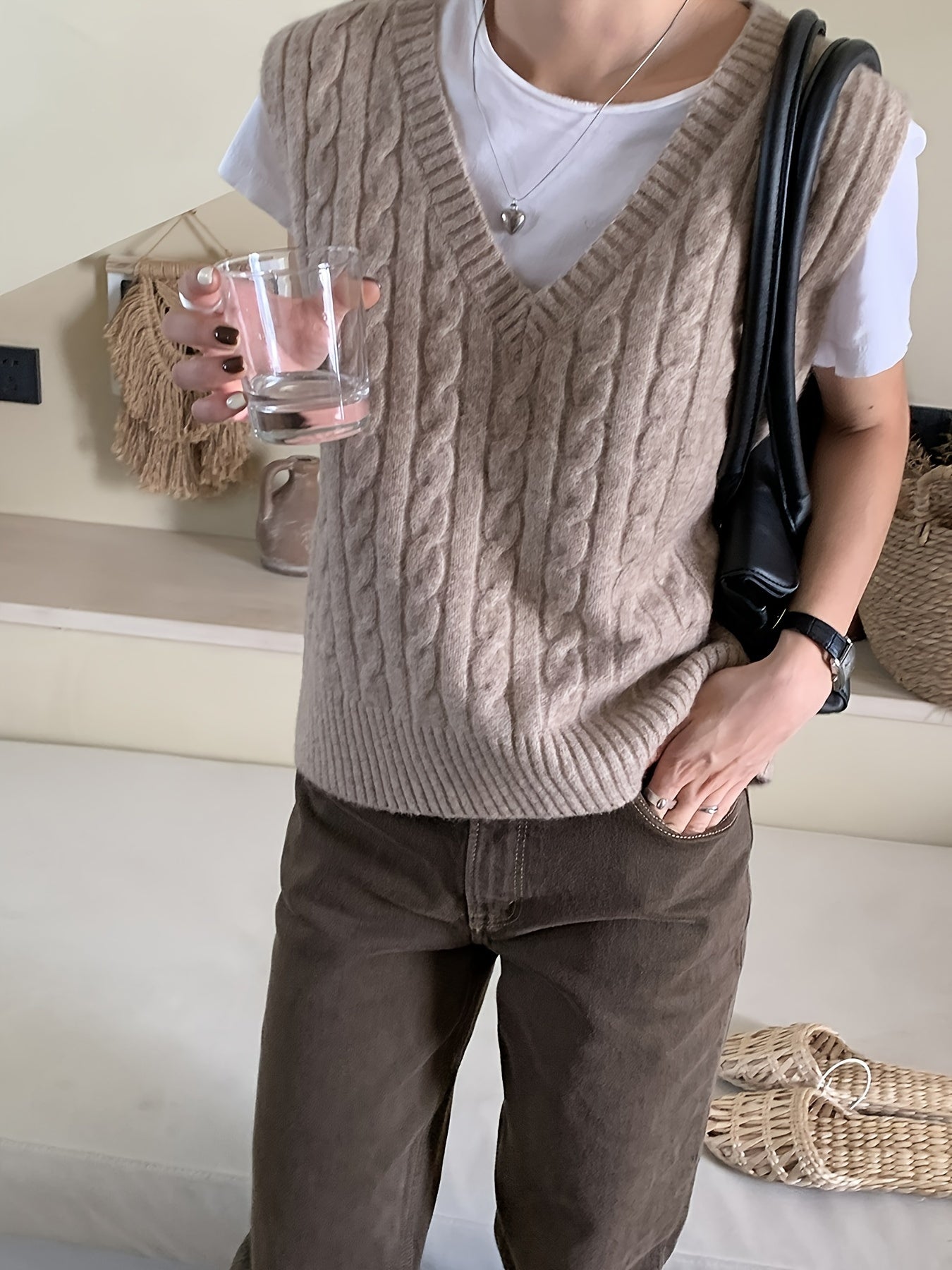 Solid V Neck Cable Knit Vest - Women's Casual Clothing - Sleeveless Loose Fit Versatile Sweater Vest for Everyday Wear, Comfortable and Stylish