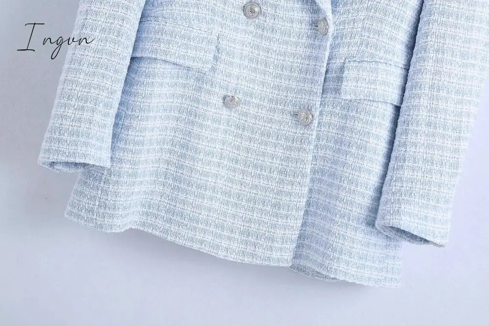 Ingvn - Fashion Casual Double Breasted Tweed Women Blazer Coat New Long Spring Autumn Jackets Coats Female Chic Office Lady Tops