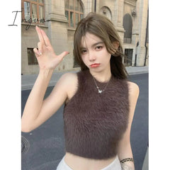 Ingvn - Sexy Plush Crop Tops Women Vintage Y2k Clothes Knitted Tank Top Sleeveless Club Party Outfits Korean Fashion New