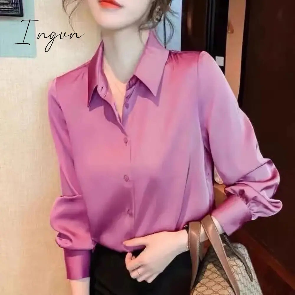 Ingvn - Brand Quality Luxury Women Shirt Elegant Office Button Up Long Sleeve Shirts Momi Silk Crepe Satin Blouses for Women Fashion Business Ladies Top