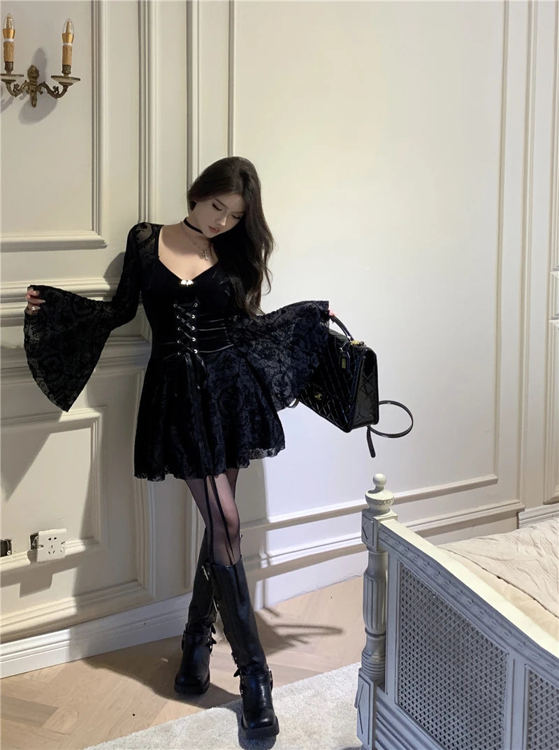 Vintage Black Gothic Velvet Short Dresses for Women Autumn New Y2K Lace Long Sleeve A-line Birthday Party Lace-up Female Clothes