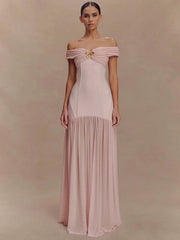 Off-shoulder Backless Sexy Maxi Dress Women Metal Flower Pink Patchwork Sleeveless Ruched Pleated Club Party Dress 2025