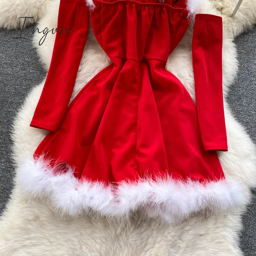 Ingvn - Gifts For Women Elegant Dress For New Year Strapless Backless Furry Sexy Short Mini Christmas Dress Navidad Red Party Dress Femme
