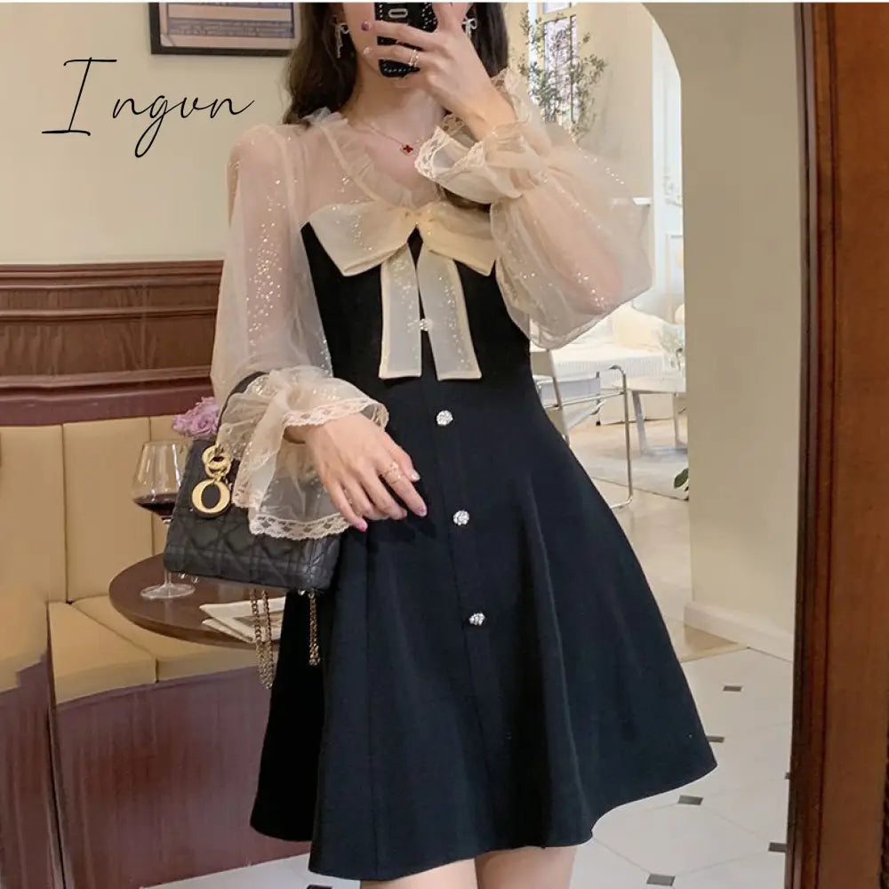 Ingvn - Elegant Mini Party Dress Women Casual Bow Lace Long Sleeve Black Vintage Dress Bow Sexy One Piece Dress Korean Spring Chic
