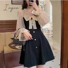 Ingvn - Elegant Mini Party Dress Women Casual Bow Lace Long Sleeve Black Vintage Dress Bow Sexy One Piece Dress Korean Spring Chic