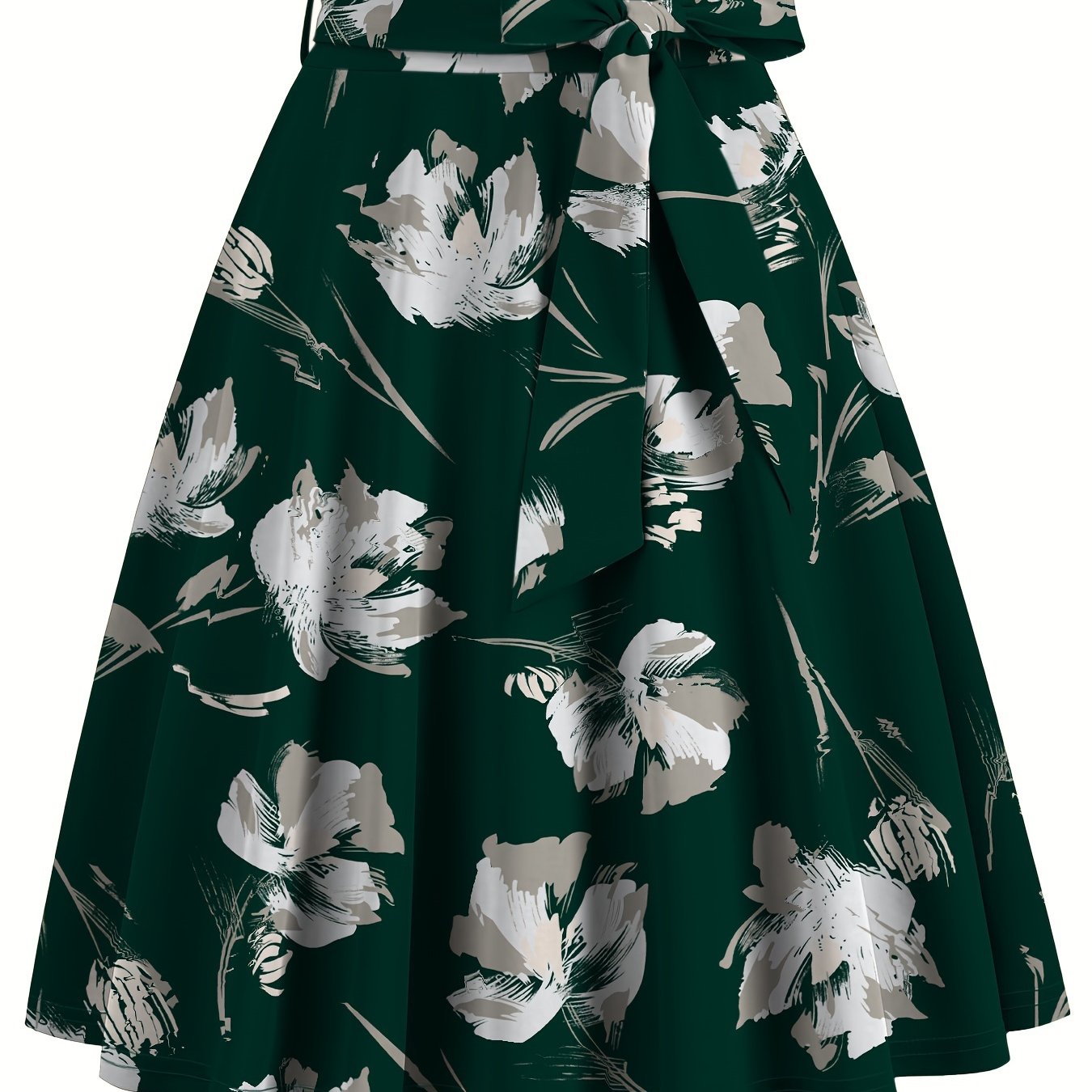 Floral Print High Waist Skirt, Elegant Belted Flared Midi Skirt, Women's Clothing