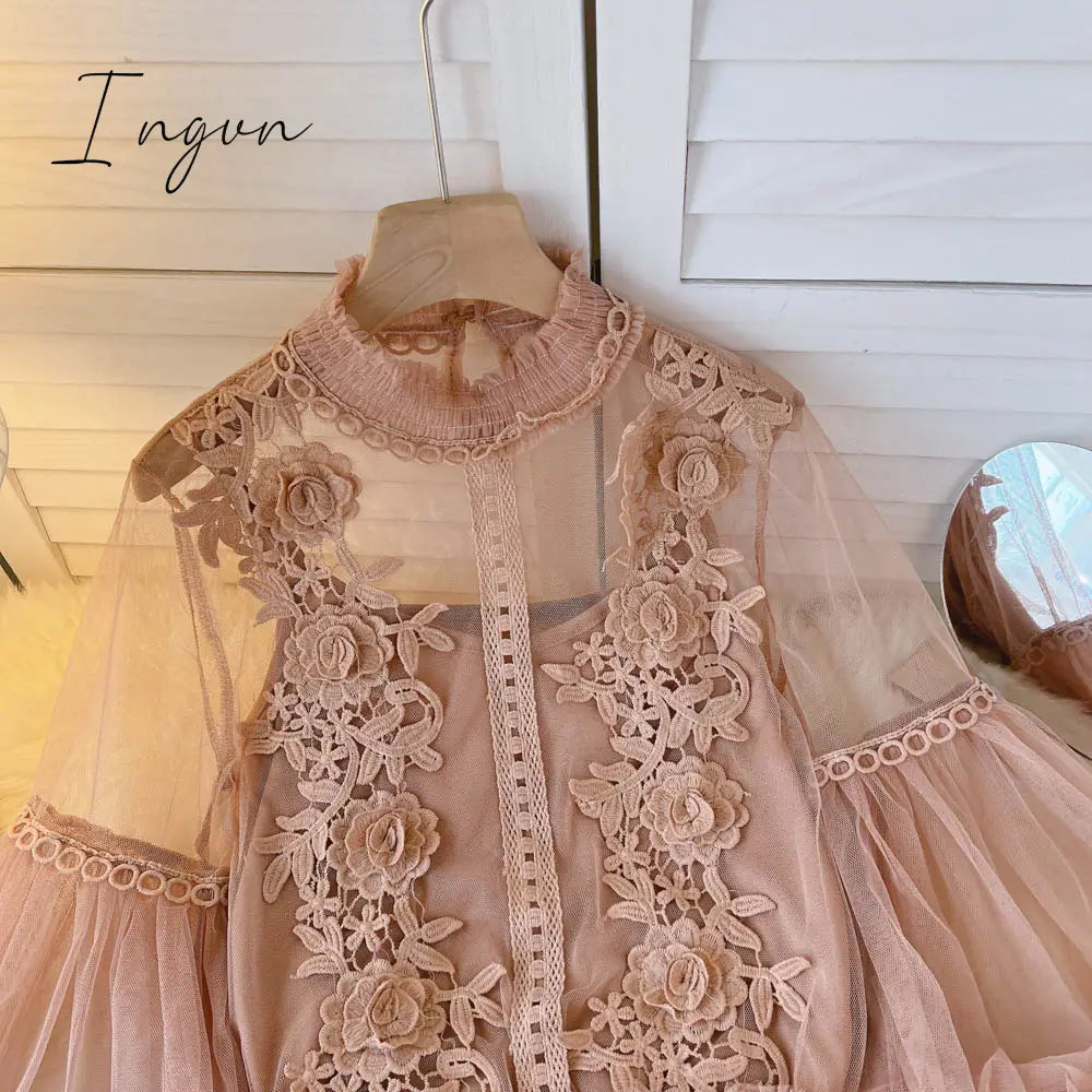 Ingvn - spring Women Mesh Tops Fashion Sexy Sheer Lace Blouse Lantern Sleeve 3D Floral Blouses Shirts Elegant Top Blusas Femininas