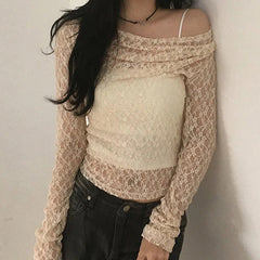 Transparent Lace Crop Top Asymmetrical Off-shoulder Long Sleeve Smock T-shirts Women Summer Casual Tees y2k Vintage Tees