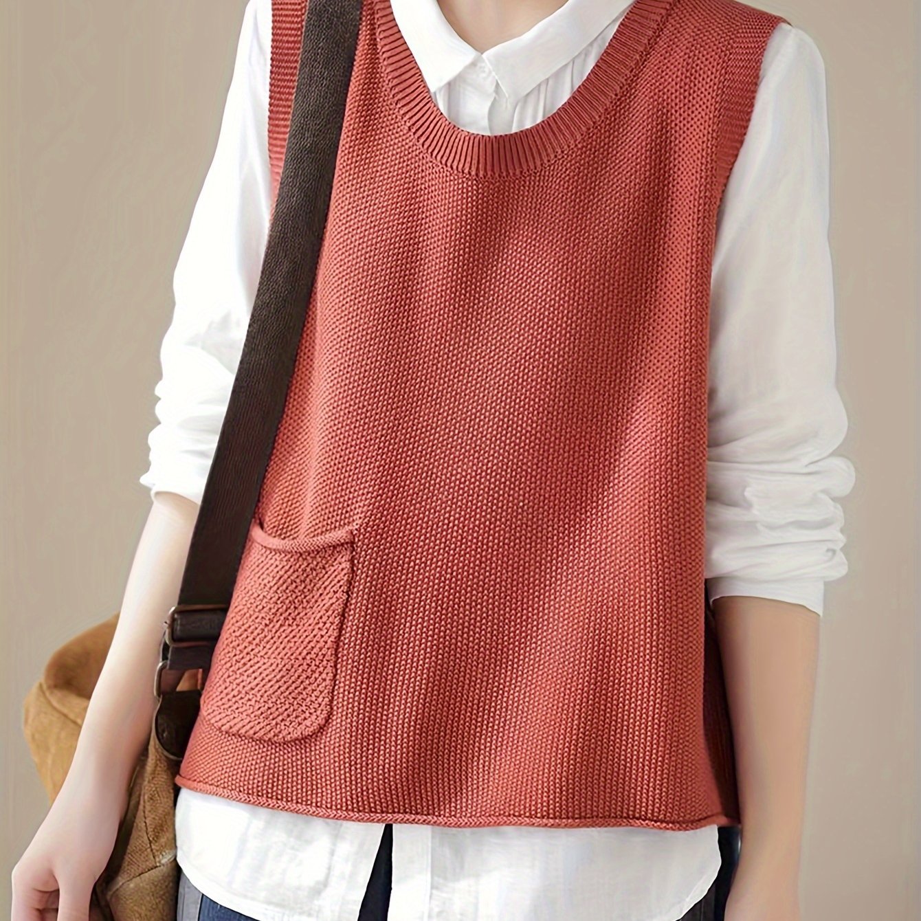 Women's Crew Neck Knit Vest - Casual Sleeveless Spring/Fall Sweater with Pocket, Easy-Care, Comfort Fit