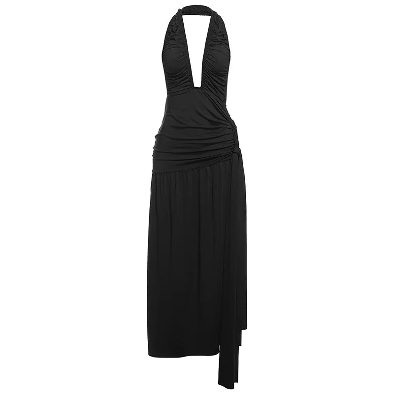 Halter Deep V Neck Sexy Maxi Dress For Women Gown Fashion Solid Sleeveless Backless Draped Ruched Bodycon Long Dress