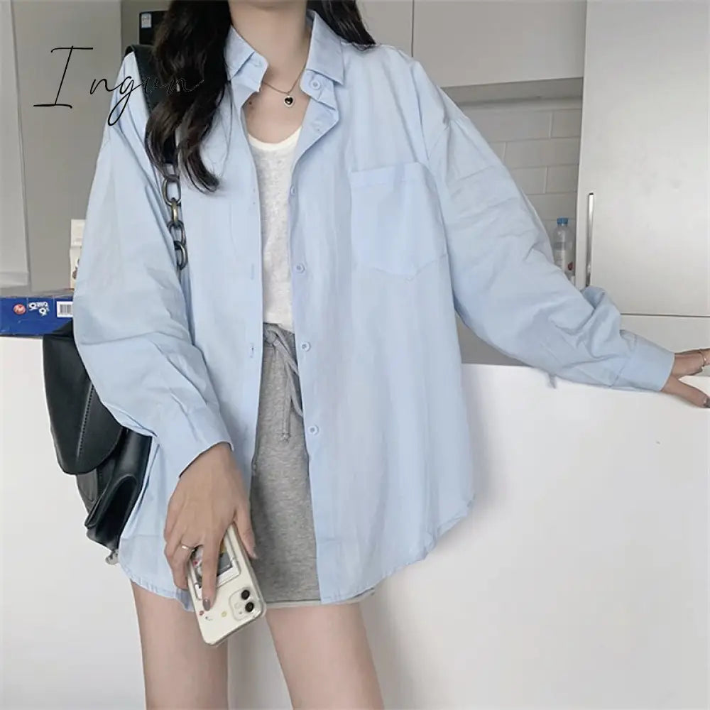 Ingvn - Prink Shirt for Women 2023 New Long Sleeve Turn Down Collar Oversized Blouses Office Ladies Korean Fashion Casual Top