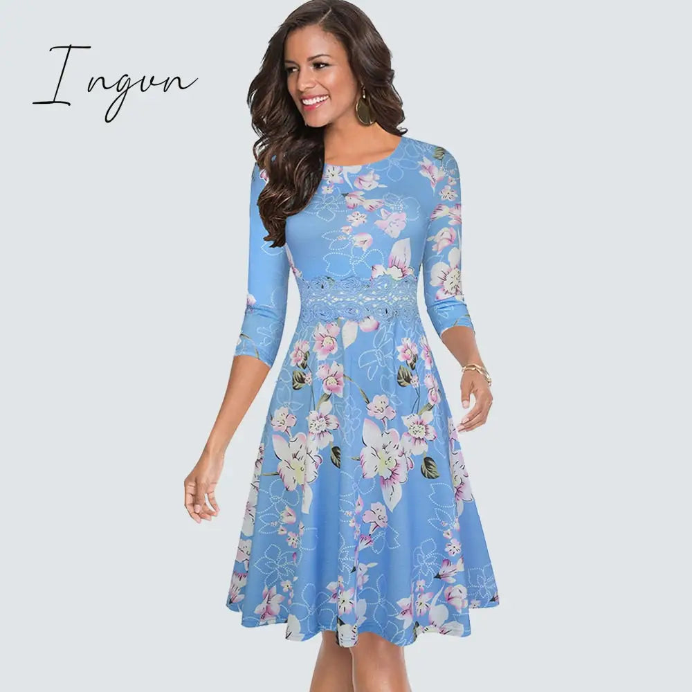 Ingvn - Women Vintage Casual Round Neck A line Summer Elegant Floral Lace Patchwork Sleeveless Tunic Party Swing Dress HA079