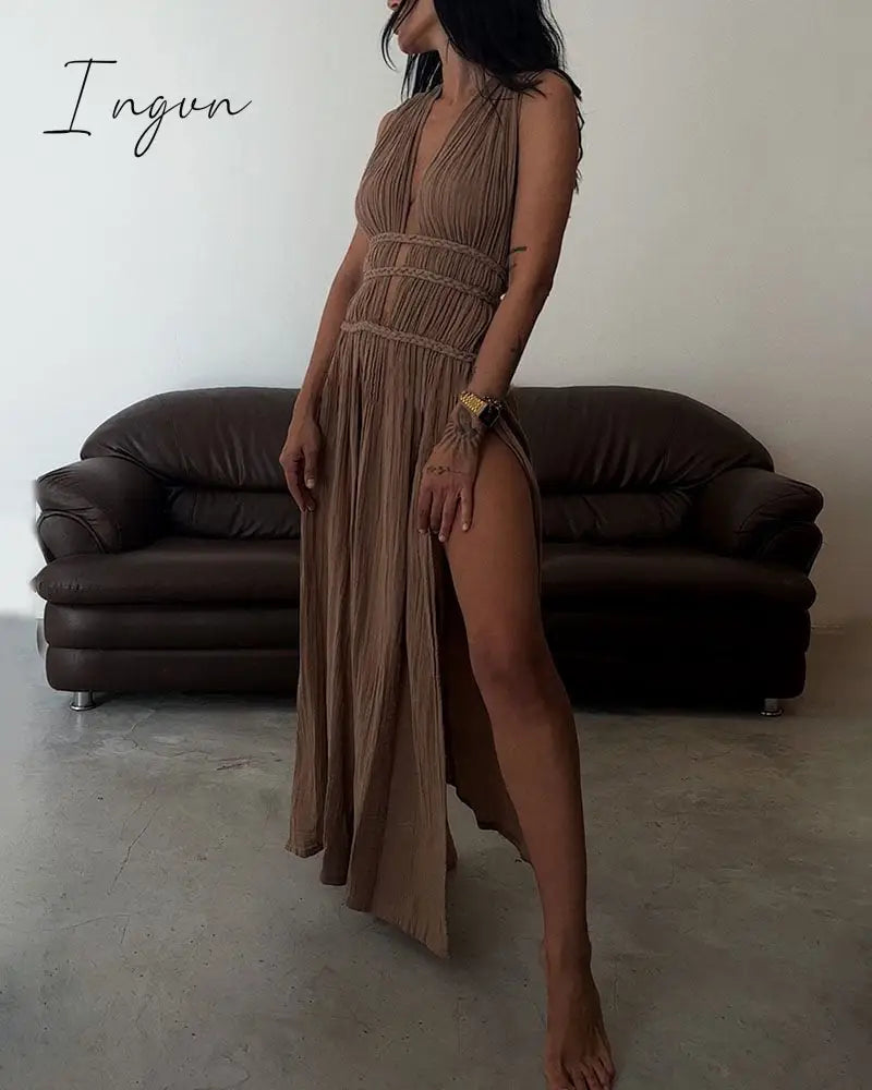 Ingvn - Sexy Bohemian Solid Slit V Neck Beach Dresses