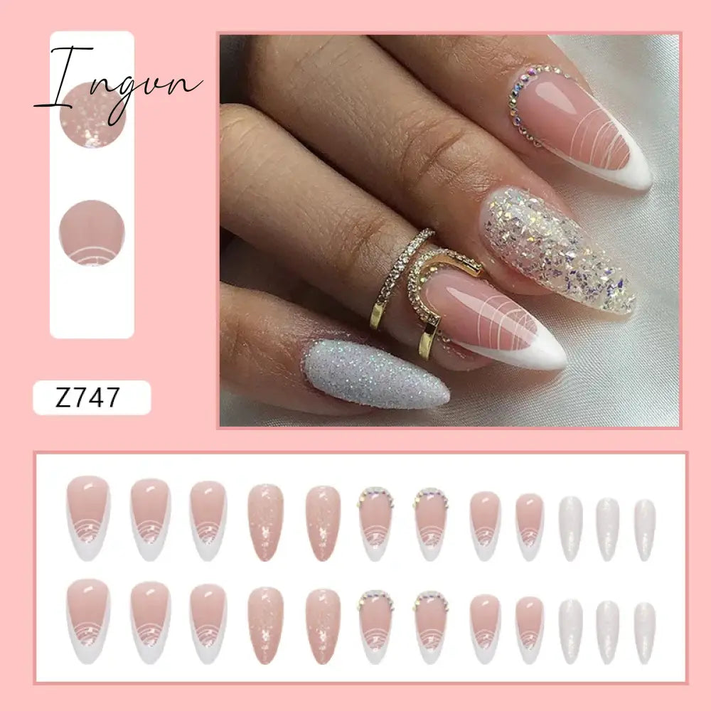 24pcs/Box Gradient Nail Art Patches False Nails Short Square Nail Blue Starry Glitter Teardrop Diamond Fake Nail Tips