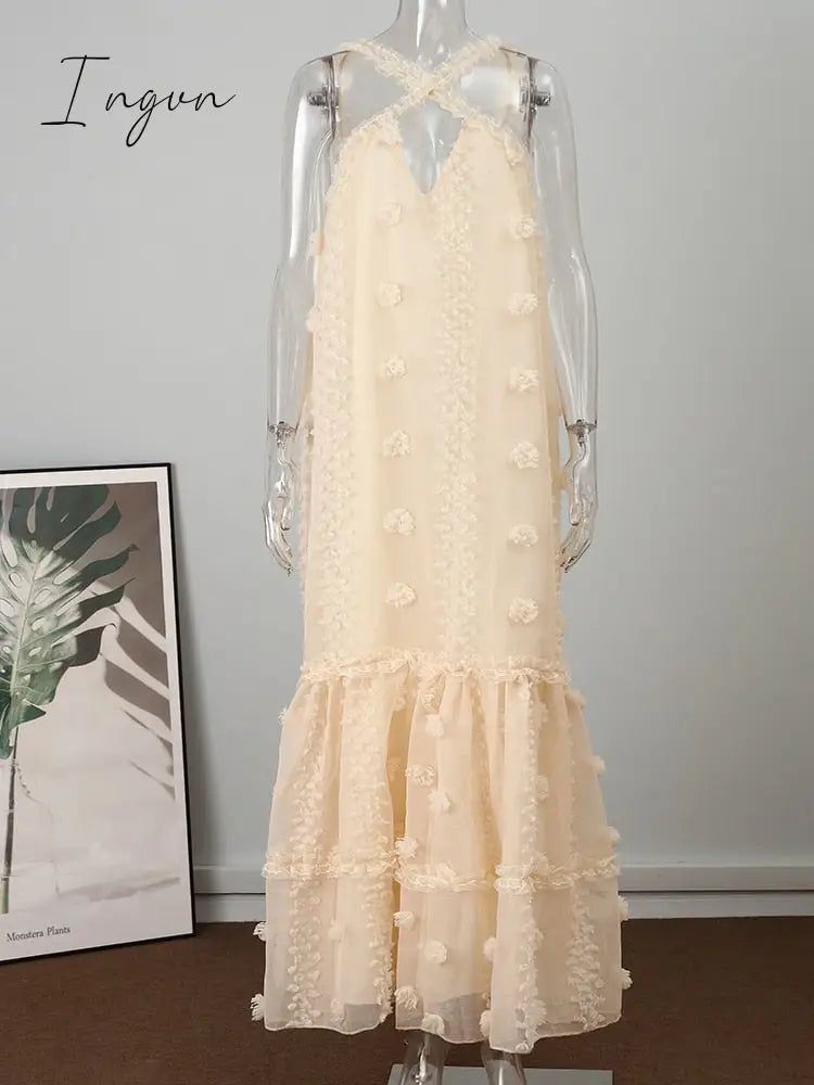 Ingvn - Sleeveless Halter Maxi Summer Dress For Women Fashion Ruffle Beach Long Robe Elegant Slip Holiday Hollow Out Sundress