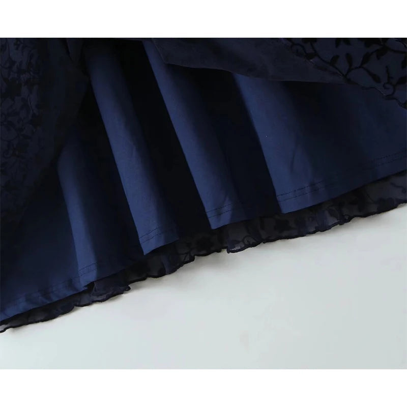 New Women Navy Blue Floral Print Mesh A-line Midi Dress High Waist V Neck Short Sleeve Summer Dresses Vintage  Robe