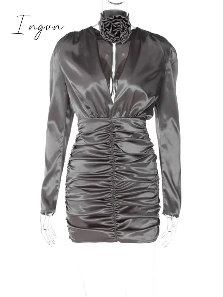 Ingvn - Womens Fall Fashion Satin Ruched Deep V Neck Long Sleeve Mini Bodycon Dress Women Autumn Winter Elegant Sexy Party Dresses