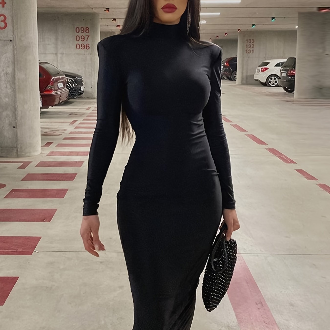 Chic High Neck Midi Dress - Body-Contouring Fit - Versatile Elegance for Work to Weekend