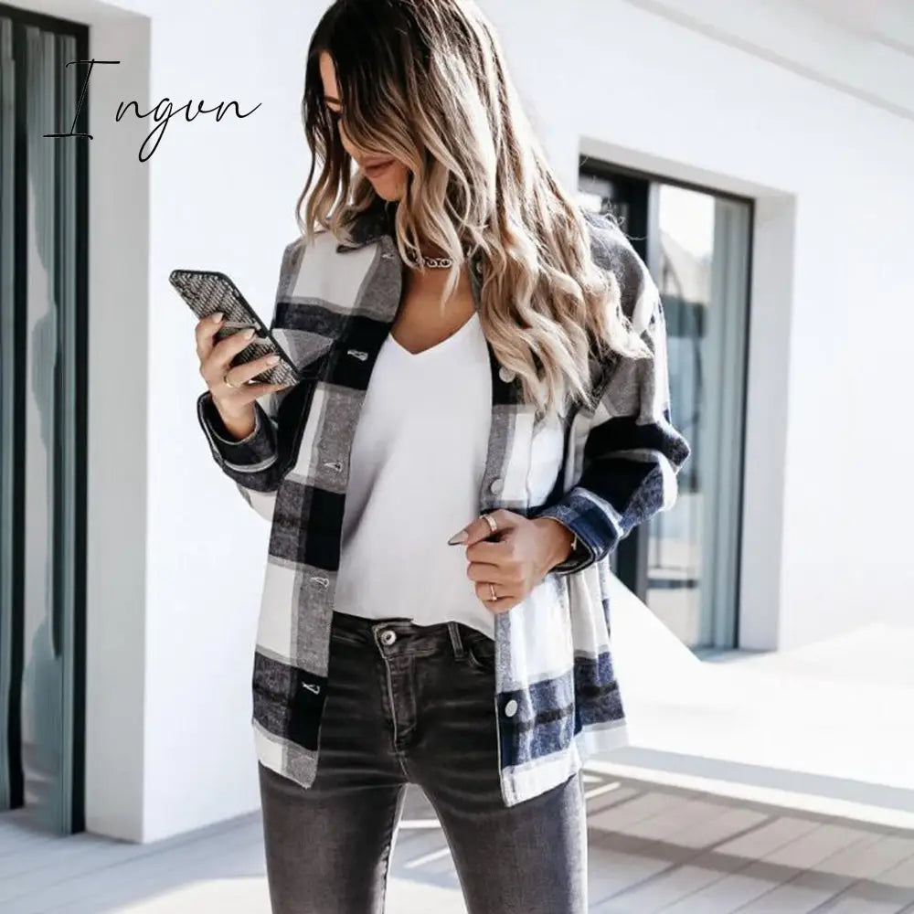 Ingvn - Shirts For Women Plaid Long Sleeve Button Up Shirt Collared Tops And Blouse Autumn Spring Fashion Loose Casual Black White