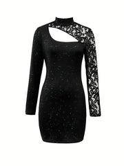 Solid Sequin Bag Hip Dress, Elegant Contrast Lace Cut Out Turtle Neck Long Sleeve Dress, Women's Clothing