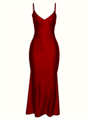 Alluring V Neck Spaghetti Strap Backless Dress - Seamless Solid Bodycon for Night Out - Fashionable Womens Clubbing Gown