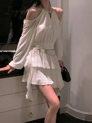 Ingvn - Autumn Fairy Pure Color Short Party Dress Korean Fashion Elegant Mini Dress Woman Design Casual Long Sleeve Dress Female