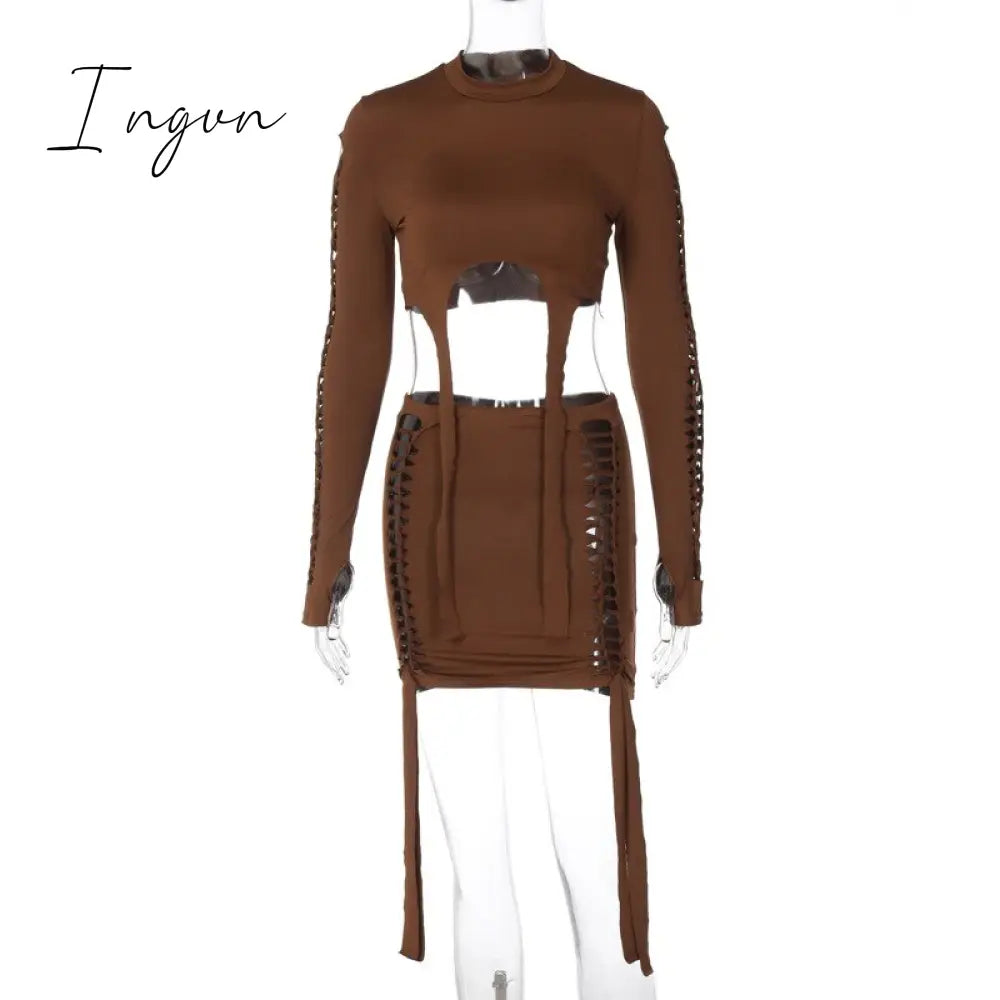 Ingvn - Best Selling Women's Clothing 2023 Autumn New Fashion Holes Long-Sleeved Shirt Slim Short Skirt Suit