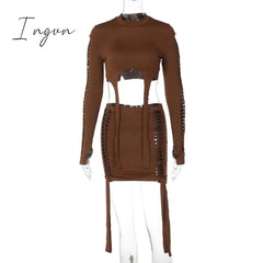 Ingvn - Best Selling Women's Clothing 2023 Autumn New Fashion Holes Long-Sleeved Shirt Slim Short Skirt Suit