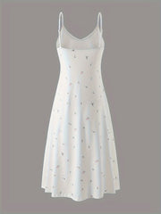 Womens Elegant Ditsy Floral Print Midi Slip Dress - Soft Micro Elasticity V Neck Backless Design, Comfortable Knit Fabric, Random Printing, Perfect for Home Wear All Seasons