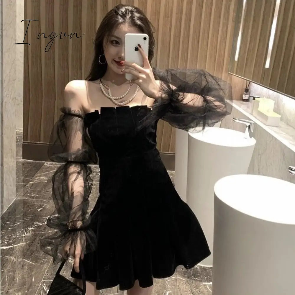 Ingvn - Gothic Sexy Dress Vintage Off Shoulder Lantern Sleeve Mesh Patchwork Velvet Mini Dress Dark Street Black Dress for Female