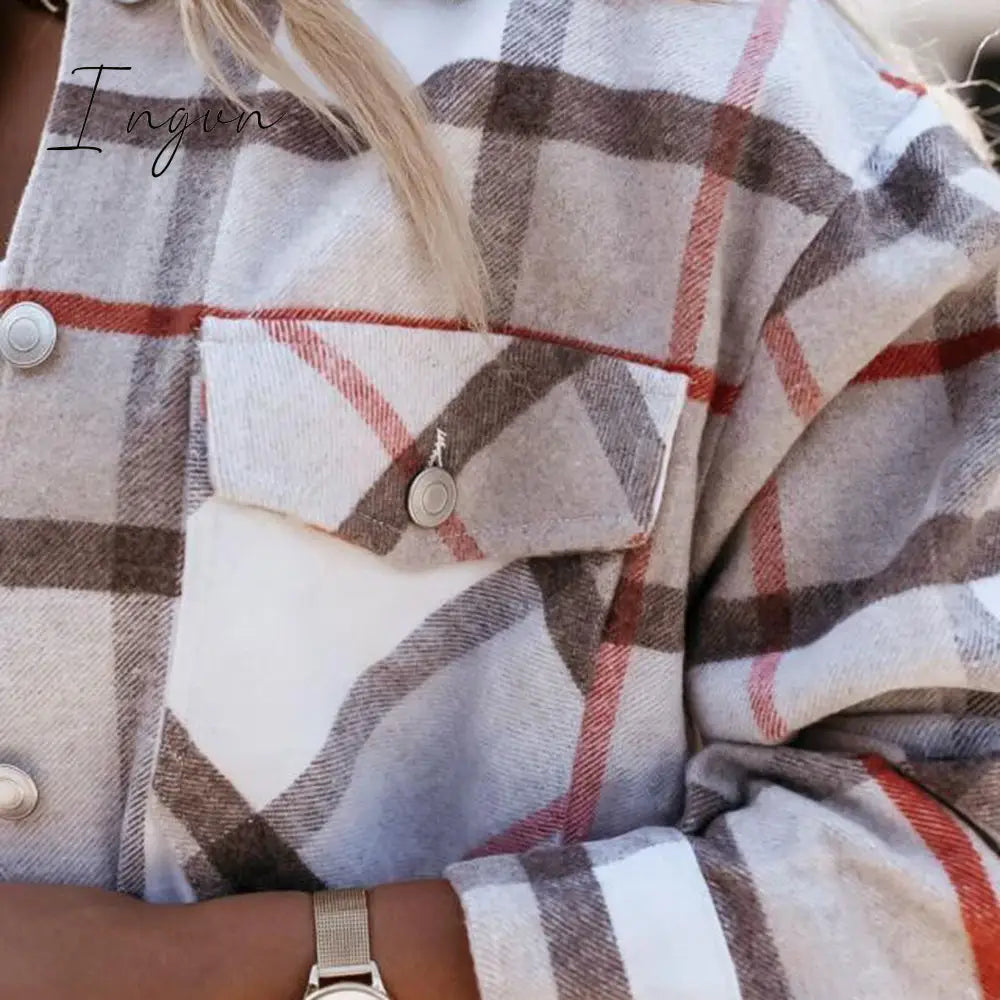 Ingvn - Shirts For Women Plaid Long Sleeve Button Up Shirt Collared Tops And Blouse Autumn Spring Fashion Loose Casual Black White