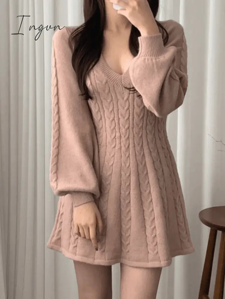 Ingvn - V Neck Cable Knit Long Sleeve Mini Dress