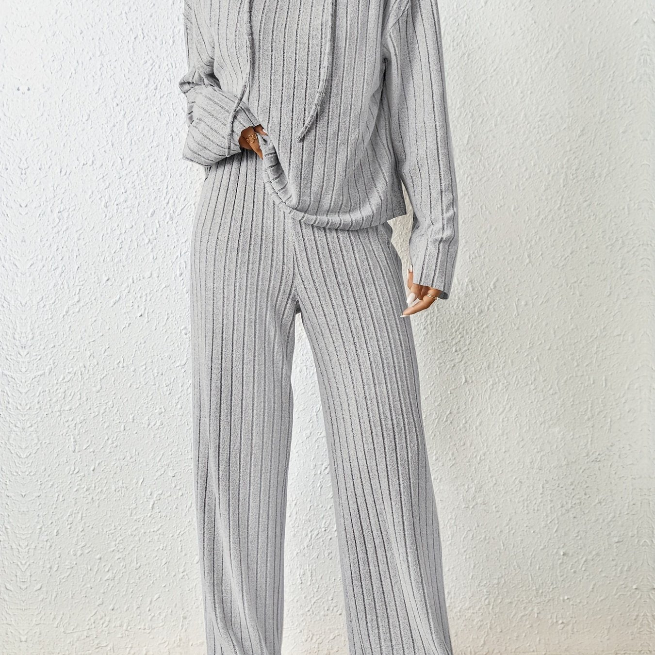 Cozy Womens Two-piece Knit Set - Soft Hoodie with Drawstring & Wide Leg Pants - Effortless Chic Casual Outfit - Comfortable Solid Color Clothing
