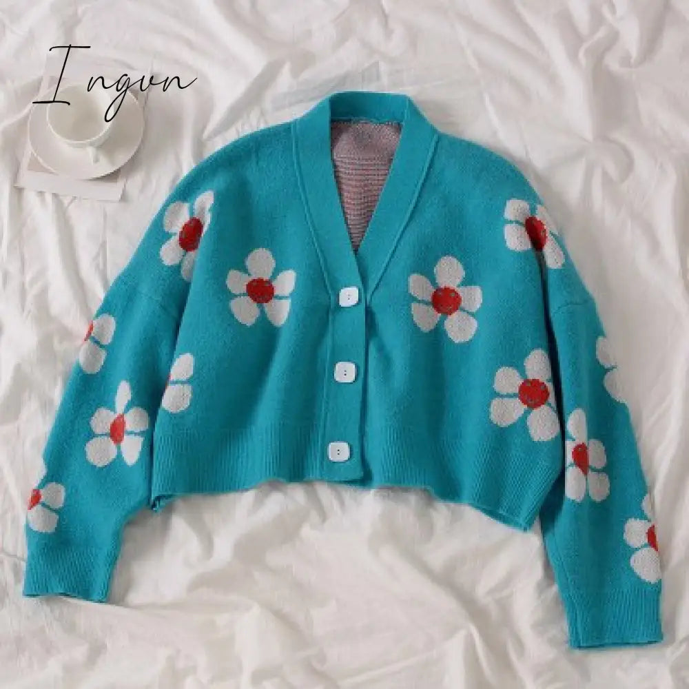 Ingvn - Spring College Style Flower Print Knitted Doat Loose Retro V-neck Cute Light Green Sweater Cardigan Blouse Short Section