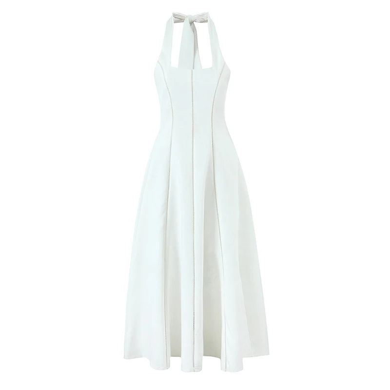 Vintage Elegant Black White Halter Midi Long Dresses Women A-line Slim Sexy Backless Dress Female Summer Party Robe