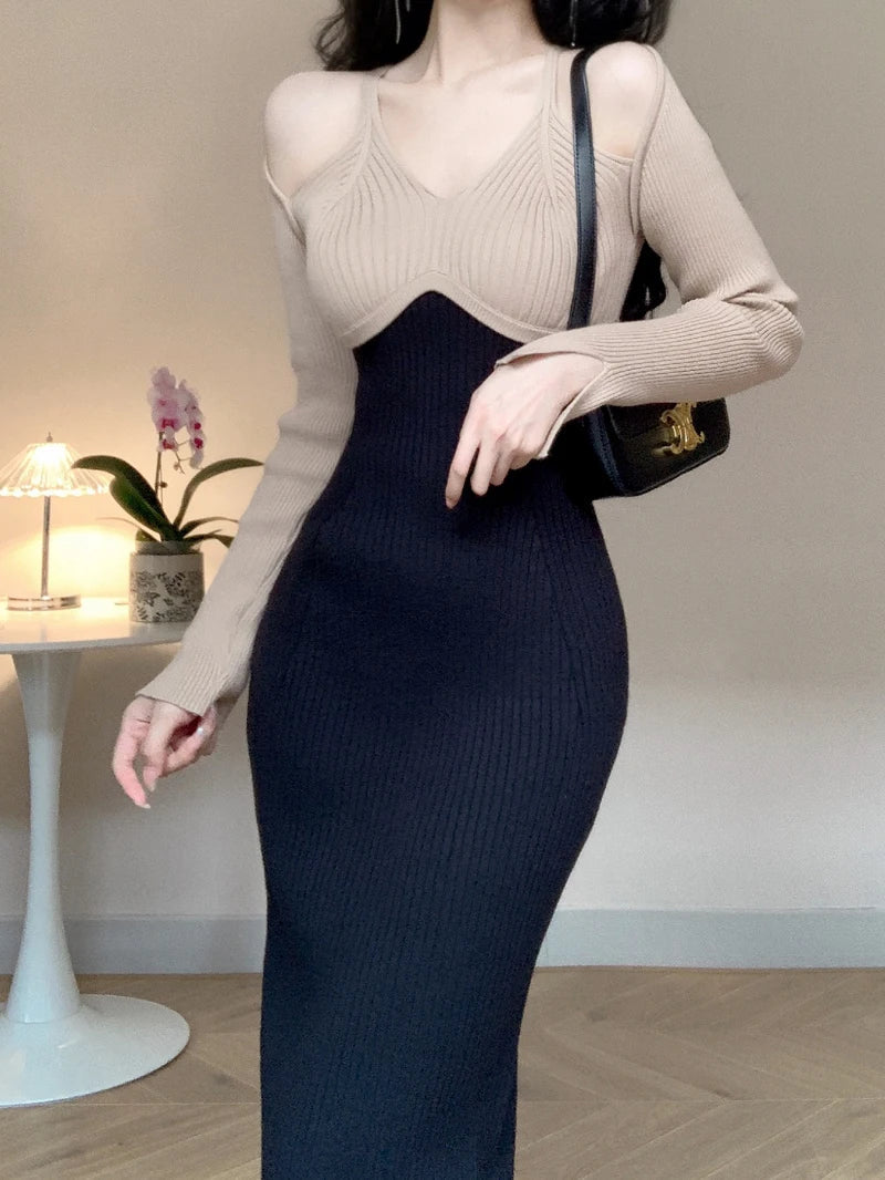 Vintage Long Sleeve Knitted Sweater Midi Dresses for Women Autumn Winter Elegant Party Korean Sexy Bodycon Female Clothing