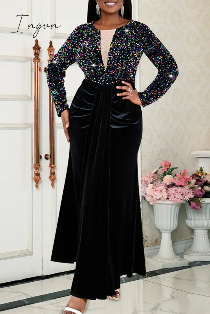 Ingvn - Black Party Formal Patchwork Sequins O Neck Long Dress Dresses