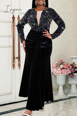 Ingvn - Black Party Formal Patchwork Sequins O Neck Long Dress Dresses