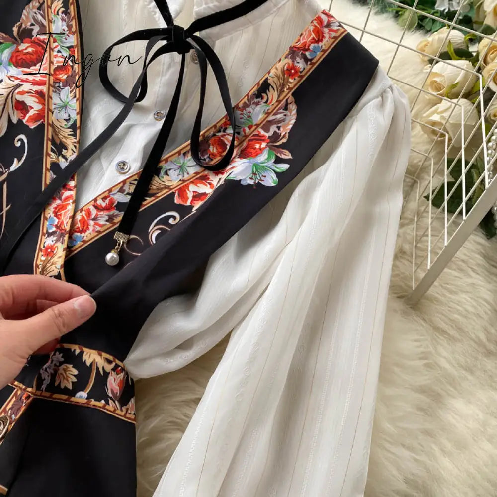 Ingvn - Spring Autumn Elegant 2 Piece Set Overalls Dress Women Bow Collar White Shirt Top+ Irregular Flower Print V-Neck Vest Dress