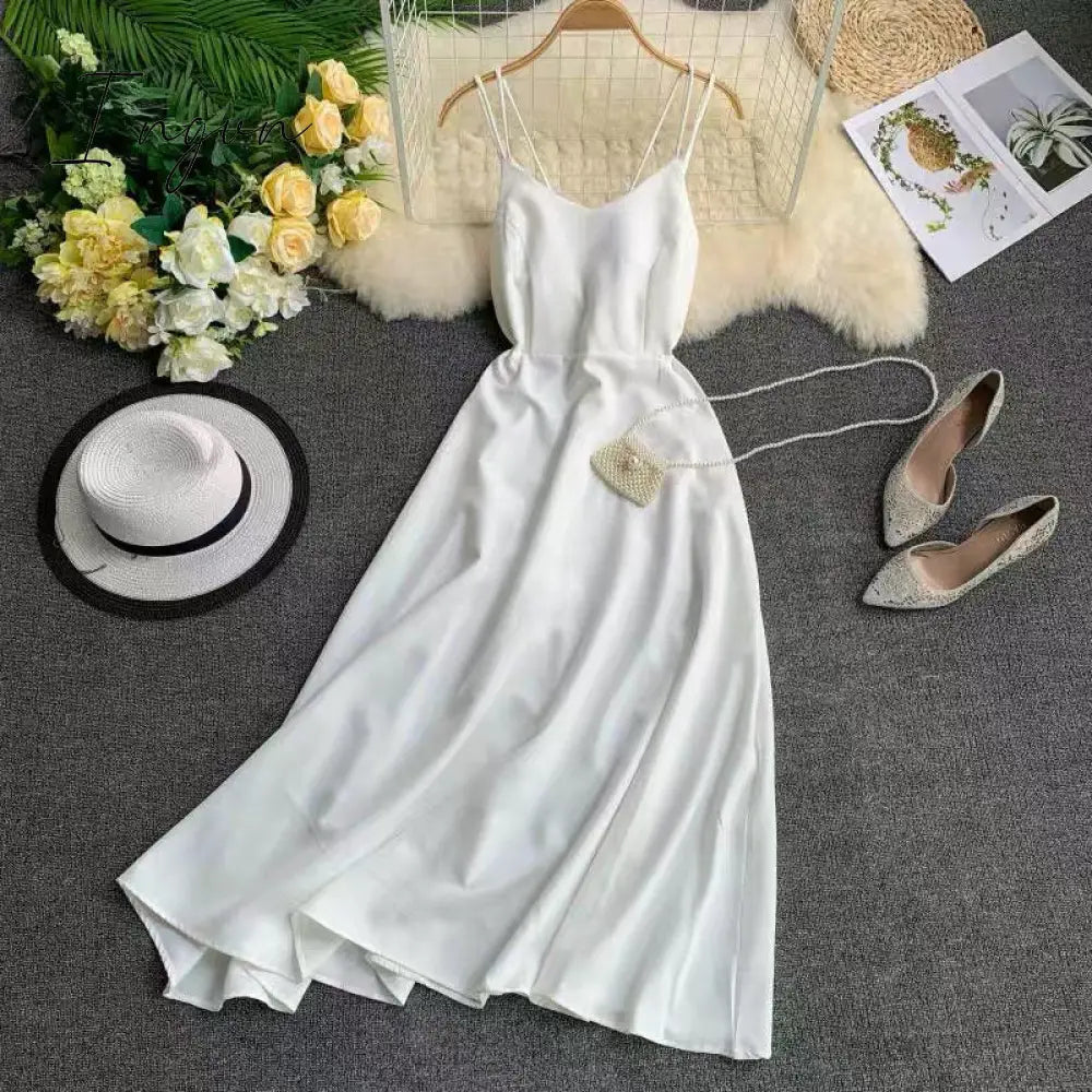 Ingvn - New-Coming Spring Summer Holiday Long Dress Cross Spaghetti Strap Open Back Beach Style Ankle-Length Women Dresses