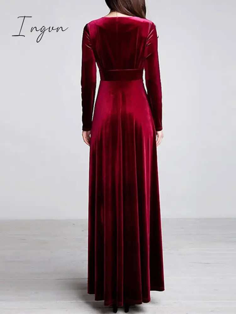 Ingvn - Women‘s Party Dress Wedding Guest Dress Velvet Dress Long Dress Maxi Dress Black Wine Royal Blue Long Sleeve Pure Color Ruched Fall Spring V Neck Fashion Party Winter Dress Evening Party 2023 S M L XL