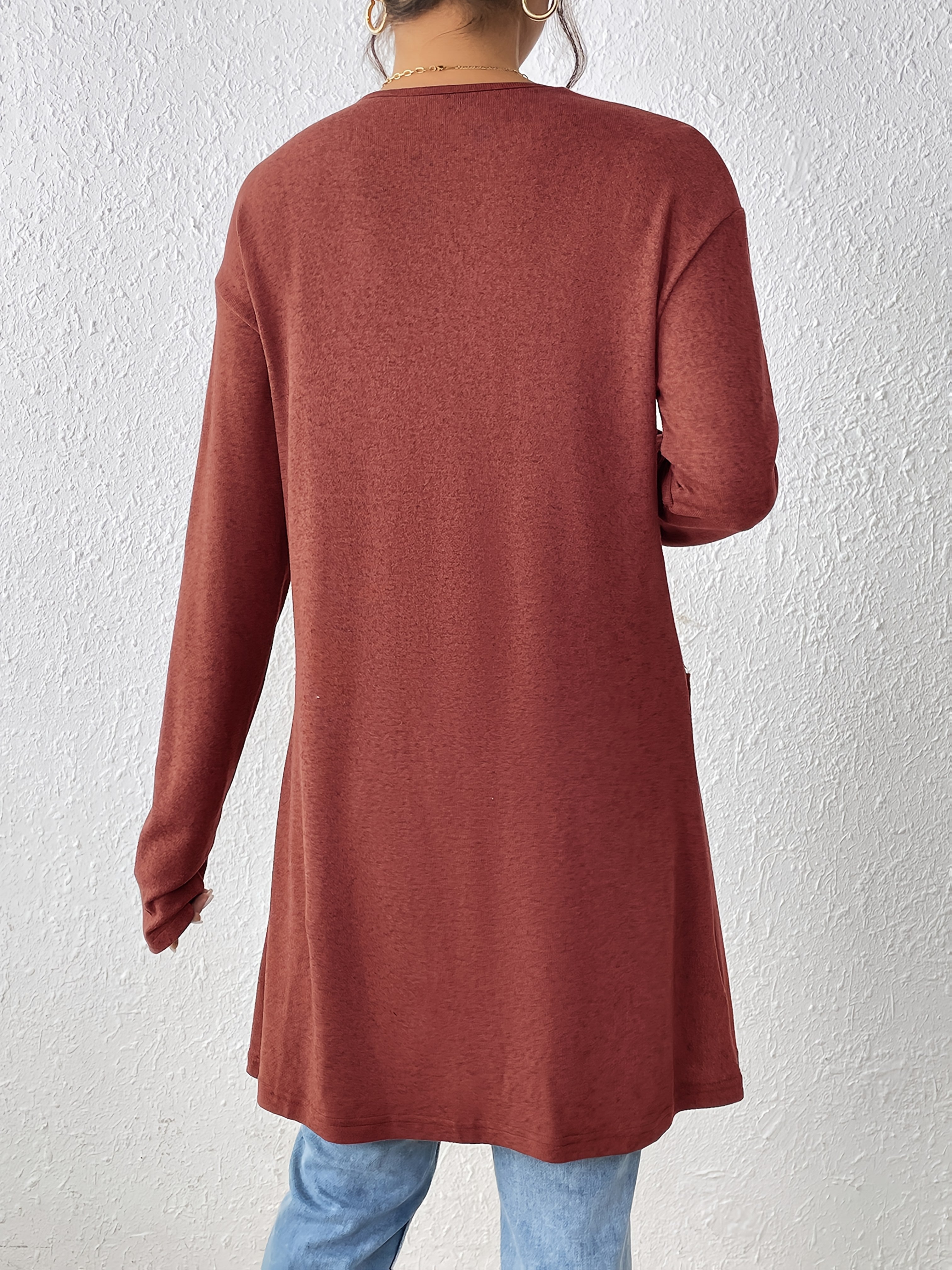 Dual Pockets Open Front Cardigan, Stylish Solid Color Long Sleeve Cardigan For Spring & Fall, Women's Clothing