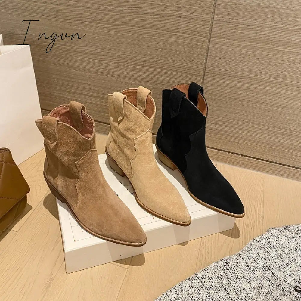 Ingvn - Winter Classic Chelsea Boots for Woman Cow Suede Pointy toe Wedge Heel Ankle Boots Simple Comfortable Cowboy Boots Female